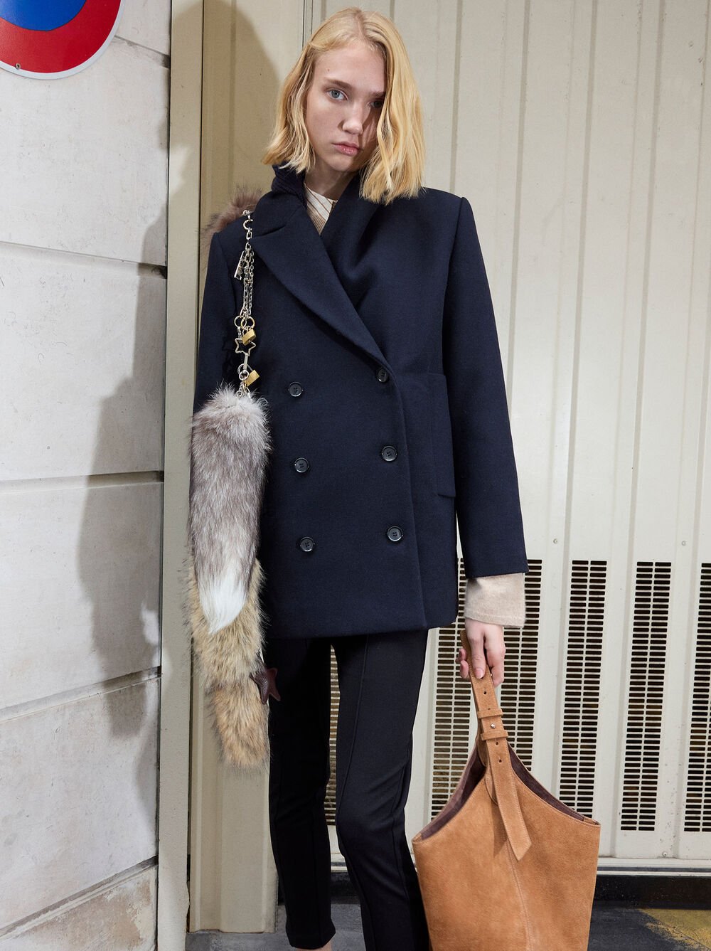 Suede bucket bag with inner pouch